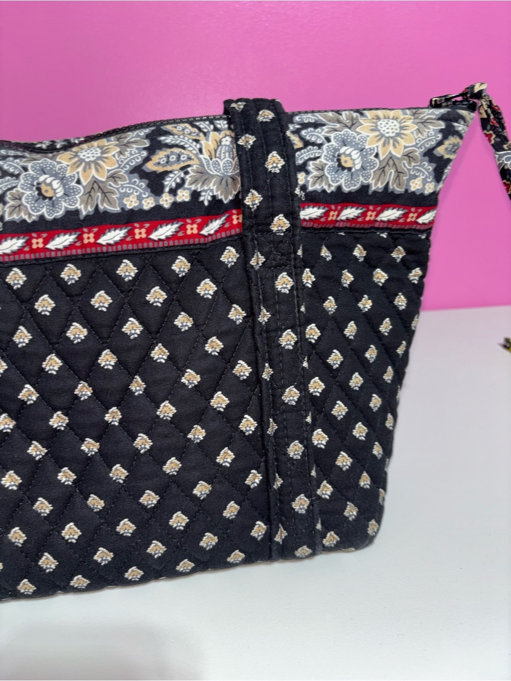 Vera Bradley Black Quilted Floral Tote Shoulder Bag Zip Top Cotton - Picture 5 of 11